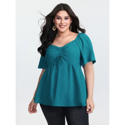 Bloomchic Women's Plus Size Ruched Bodice Sweetheart Neckline Blouse Cerulean Non Vacation Short Sleeve 30/6x In Blue