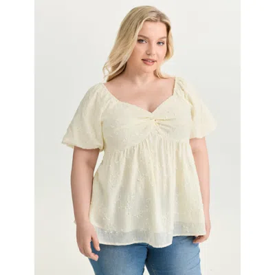 Bloomchic Women's Plus Size Ruched Bodice Textured Babydoll Blouse Ivory Synthetic Texture Elegant Short Sleev In White
