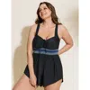Bloomchic Women's Plus Size Ruched Drawstring Color Contrast Swim Romper Black Solid Patchwork Adjustable Stra In Black