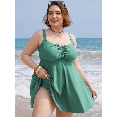 Bloomchic Women's Plus Size Ruched Drawstring Flutter Hem Swim Dress Emerald Solid Adjustable Straps Adaptive- In Green