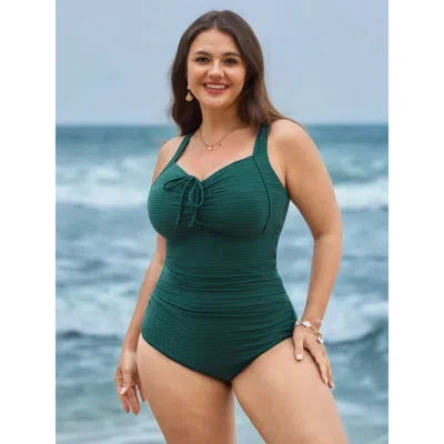 Bloomchic Women's Plus Size Ruched Drawstring Front Shirred One-piece Swimsuit Teal Non Texture Adaptive-fit 1 In Blue