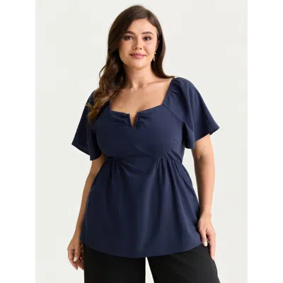 Bloomchic Women's Plus Size Ruched Flared Sleeves Fit And Flare Blouse Indigo Solid Elegant Short Sleeve V-not In Purple