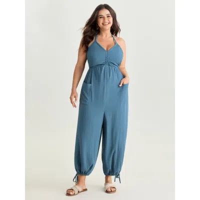 Bloomchic Women's Plus Size Ruched Front Crisscross Back Tie Jumpsuit Cerulean Vacation 18-20/2x In Blue