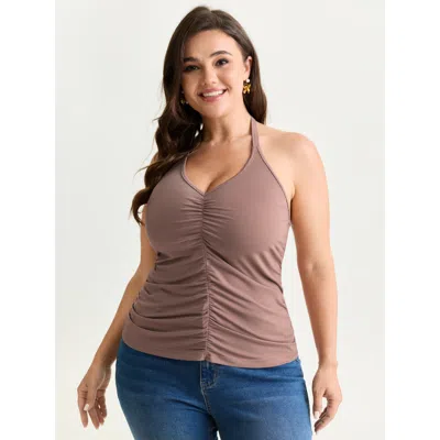 Bloomchic Women's Plus Size Ruched Front V-neck Fitted Tank Top Dustypink Elegant Fitted Sheath Deep V-neck 10 In Pink