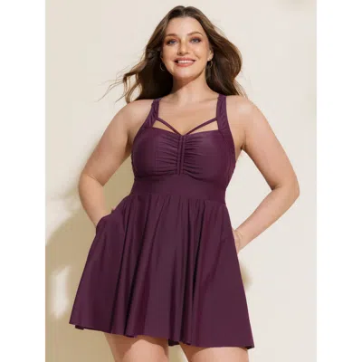 Bloomchic Women's Plus Size Ruched Pockets Fit And Flare Swim Dress Plum Solid Cut-out Adjustable Straps 10/m In Purple