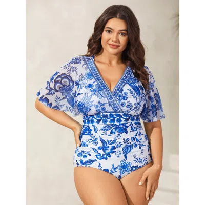 Bloomchic Women's Plus Size Ruched Sheer Floral One-piece Swimsuit Indigo Botanical Ruched Adaptive-fit 28/5x In Purple