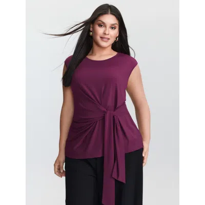 Bloomchic Women's Plus Size Ruched Side Knotted Plain Knit Top Maroon Short Sleeve Office Round Neck 14-16/1x In Burgundy