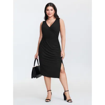 Bloomchic Women's Plus Size Ruched Side Slit V-neck Midi Dress Black Non Midi Elegant Overlapping 18-20/2x