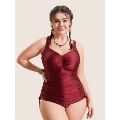 Bloomchic Women's Plus Size Ruched Skinny Drawstring Heart Neckline One Piece Swimsuit Burgundy Non Gathered A
