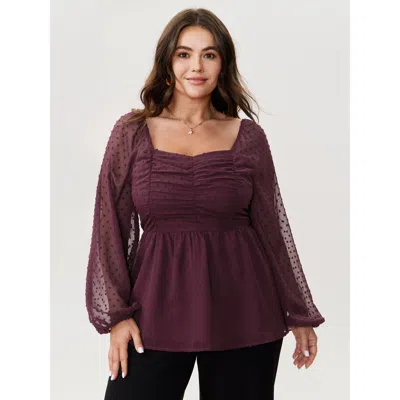 Bloomchic Women's Plus Size Ruched Textured Shirred Back Blouse Burgundy Solid Elegant Long Sleeve Sweetheart 