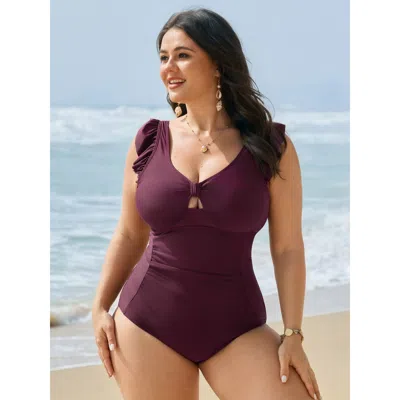 Bloomchic Women's Plus Size Ruched Tummy-control Flutter Sleeve One-piece Swimsuit Plum Non Gathered Adaptive- In Purple