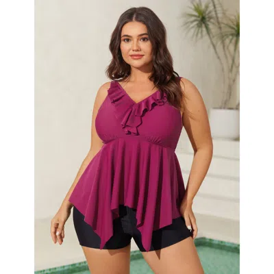 Bloomchic Women's Plus Size Ruffle Collar Hi-low Hem Swim Top Burgundy Non Ruffles Adaptive-fit 10/m