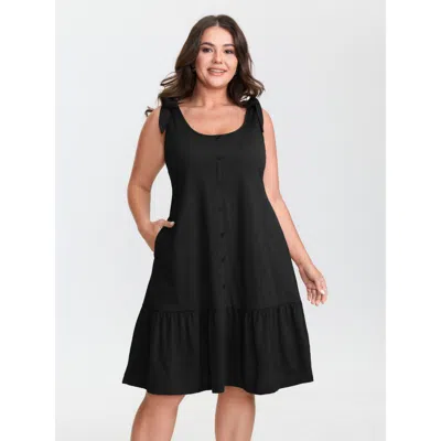 Bloomchic Women's Plus Size Ruffle Hem Tie Shoulder Pockets Sleeveless Dress Black Solid Knee Length Casual Ti