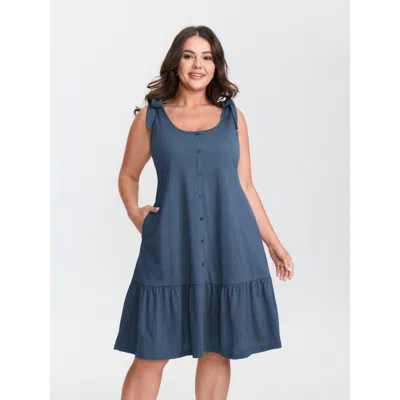 Bloomchic Women's Plus Size Ruffle Hem Tie Shoulder Pockets Sleeveless Dress Cerulean Solid Knee Length Casual In Blue
