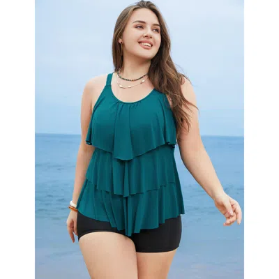 Bloomchic Women's Plus Size Ruffle Tiered Adjustable Straps Tankini Top Indigo Solid Adjustable Straps Adaptiv In Purple