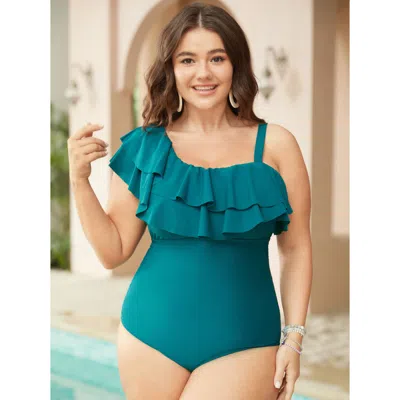 Bloomchic Women's Plus Size Ruffle Tiered Asymmetrical Neck One Piece Swimsuit Teal Solid Adjustable Straps Ad In Blue