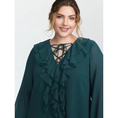 Bloomchic Women's Plus Size Ruffle Trim Cross-tie Blouse Aegean Non Elegant Long Sleeve 10/m In Blue