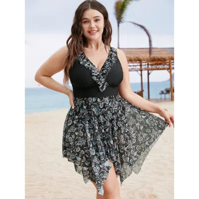 Bloomchic Ruffle Trim Hanky Hem Floral Contrast Swim Dress