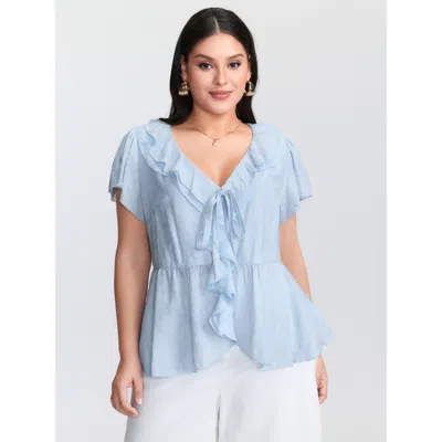 Bloomchic Women's Plus Size Ruffled Bow-tie Neckline Textured Blouse Lightblue Synthetic Texture Elegant Short In Blue