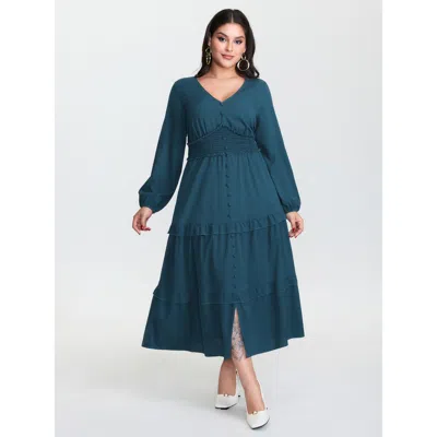 Bloomchic Women's Plus Size Ruffled Cinched-waist Button Maxi Dress Aegean Solid Midi Elegant Button Front 30/ In Blue