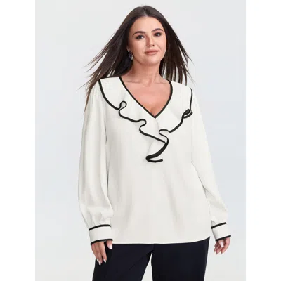 Bloomchic Women's Plus Size Ruffled Collar Color Contrast Blouse Originalwhite Solid Office Long Sleeve Deep V