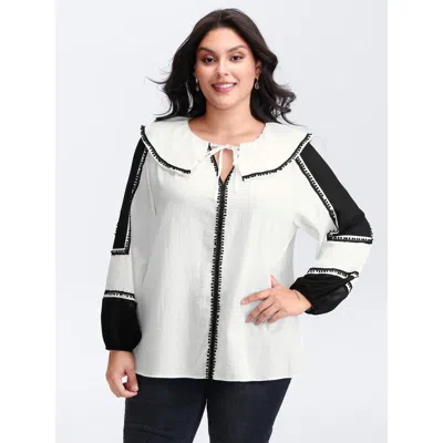 Bloomchic Women's Plus Size Ruffled Collar Contrast Webbing Top Beige Non Vacation Long Sleeve 12/l In Sand