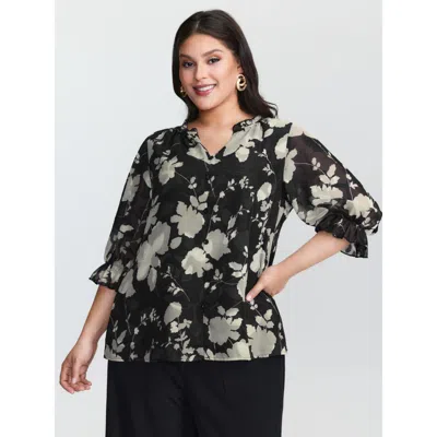Bloomchic Women's Plus Size Ruffled Collar Floral Print Blouse Blackflower Ditsy Floral Elegant 3/4 Sleeve 10/