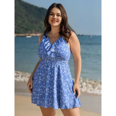 Bloomchic Women's Plus Size Ruffled Colorblock Floral Swim Dress Skyblue Ditsy Floral Adaptive-fit 22-24/3x In Blue