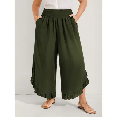 Bloomchic Women's Plus Size Ruffled Curvy Hem Wide-leg Pants Armygreen Solid Wide Leg Mid Rise Vacation 10/m
