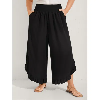 Bloomchic Women's Plus Size Ruffled Curvy Hem Wide-leg Pants Black Solid Wide Leg Mid Rise Vacation 12/l