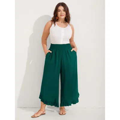 Bloomchic Women's Plus Size Ruffled Curvy Hem Wide-leg Pants Darkgreen Solid Wide Leg Mid Rise Vacation 10/m In Green