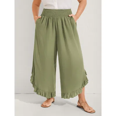 Bloomchic Women's Plus Size Ruffled Curvy Hem Wide-leg Pants Greenbean Solid Wide Leg Mid Rise Vacation 10/m