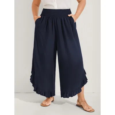 Bloomchic Women's Plus Size Ruffled Curvy Hem Wide-leg Pants Indigo Solid Wide Leg Mid Rise Vacation 10/m In Purple