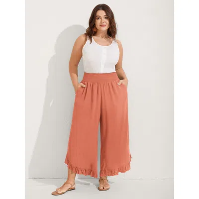 Bloomchic Women's Plus Size Ruffled Curvy Hem Wide-leg Pants Lightorange Solid Wide Leg Mid Rise Vacation 10/m
