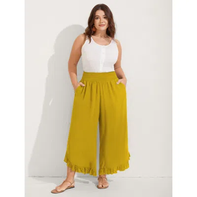 Bloomchic Women's Plus Size Ruffled Curvy Hem Wide-leg Pants Mustardyellow Solid Wide Leg Mid Rise Vacation 12