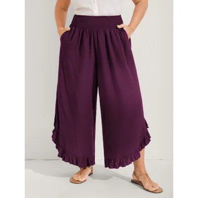Bloomchic Women's Plus Size Ruffled Curvy Hem Wide-leg Pants Plum Solid Wide Leg Mid Rise Vacation 14-16/1x In Purple