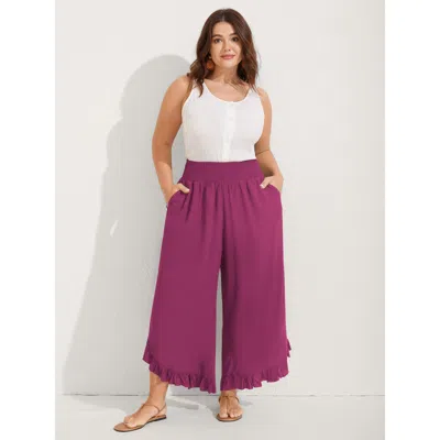 Bloomchic Women's Plus Size Ruffled Curvy Hem Wide-leg Pants Rosered Solid Wide Leg Mid Rise Vacation 10/m