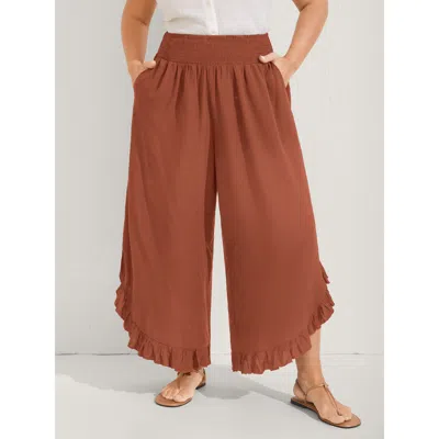 Bloomchic Women's Plus Size Ruffled Curvy Hem Wide-leg Pants Rust Solid Wide Leg Mid Rise Vacation 12/l In Brown
