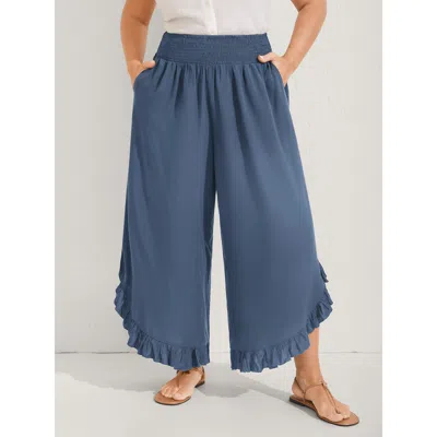 Bloomchic Women's Plus Size Ruffled Curvy Hem Wide-leg Pants Stone Solid Wide Leg Mid Rise Vacation 10/m In Gray