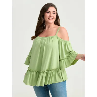 Bloomchic Women's Plus Size Ruffled Cut-out Shoulder Flared Sleeve Top Lightgreen 3/4 Sleeve Elegant 10/m