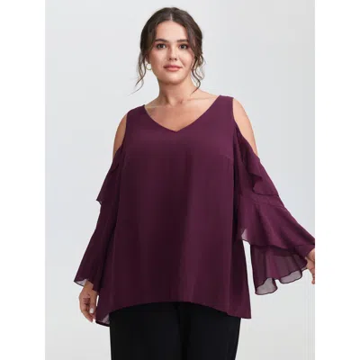 Bloomchic Women's Plus Size Ruffled Cut-out Shoulder Flowy Blouse Plum Non Elegant Long Sleeve 12/l In Purple