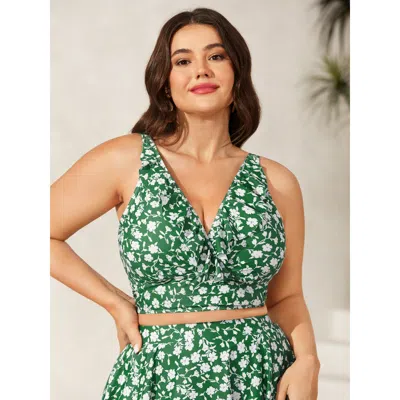 Bloomchic Women's Plus Size Ruffled Ditsy Floral Print Swim Top Greenbean Ditsy Floral Sleeveless Ruffles Adap