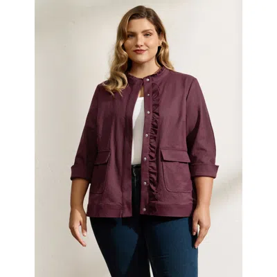 Bloomchic Women's Plus Size Ruffled Edge Cropped Hem Pocket Jacket Burgundy Ruffles H-line 10/m
