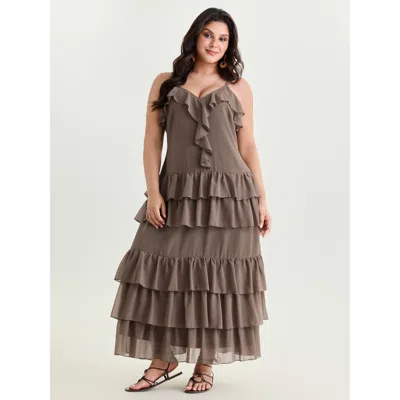 Bloomchic Women's Plus Size Ruffled Edge Tiered Cami Maxi Dress Yellowishbrown Solid Longline Vacation Ruffles