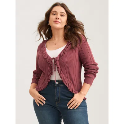 Bloomchic Women's Plus Size Ruffled Edged Front Tie Knit Cardigan Rust Long Sleeve 28/5x In Brown