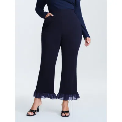Bloomchic Women's Plus Size Ruffled Flared Hem Plain Pants Midnight Solid Flared Mid Rise Elegant 12/l In Blue