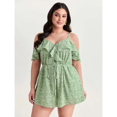 Bloomchic Women's Plus Size Ruffled Floral Print Drawstring Waist Romper Greenbean Elegant Fitted 10/m