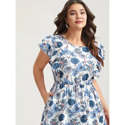 Bloomchic Women's Plus Size Ruffled Floral Print Stretchy-waist Midi Dress Lightblue Floral Midi Elegant Ruffl In Blue