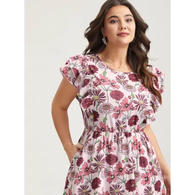 Bloomchic Women's Plus Size Ruffled Floral Print Stretchy-waist Midi Dress Multicolor Floral Midi Elegant Ruff