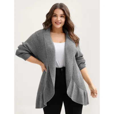 Bloomchic Women's Plus Size Ruffled Folded Hem Open-front Cardigan Darkgray Long Sleeve 18-20/2x In Gray
